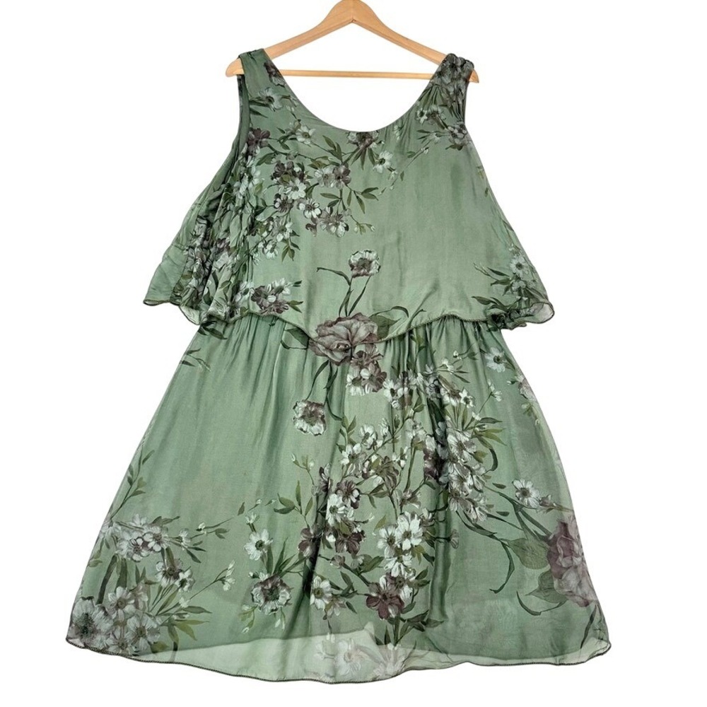 TEMPO PARIS Silk Dress Floral Tiered Midi Size XL Green Fairy Core Made in Italy